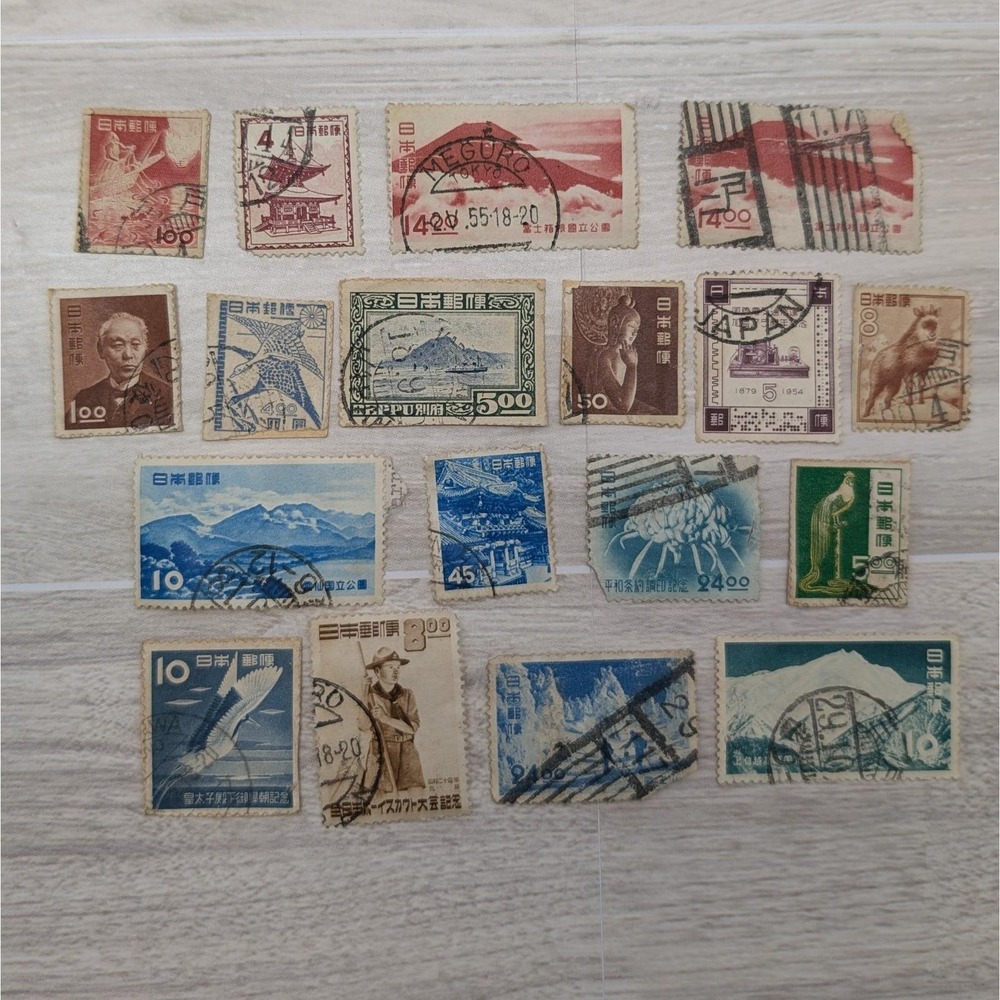 Vintage Japanese Stamp Lot – 20 Mixed Used & Unused, Airmail & Landscapes